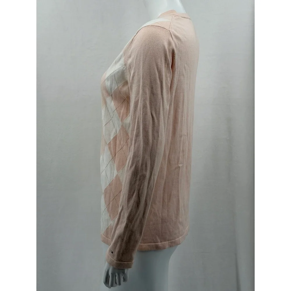 Tommy Hilfiger Sweater Womens Large Pink Peach Argyle V-Neck Tennis Prep Pastel - Picture 5 of 11